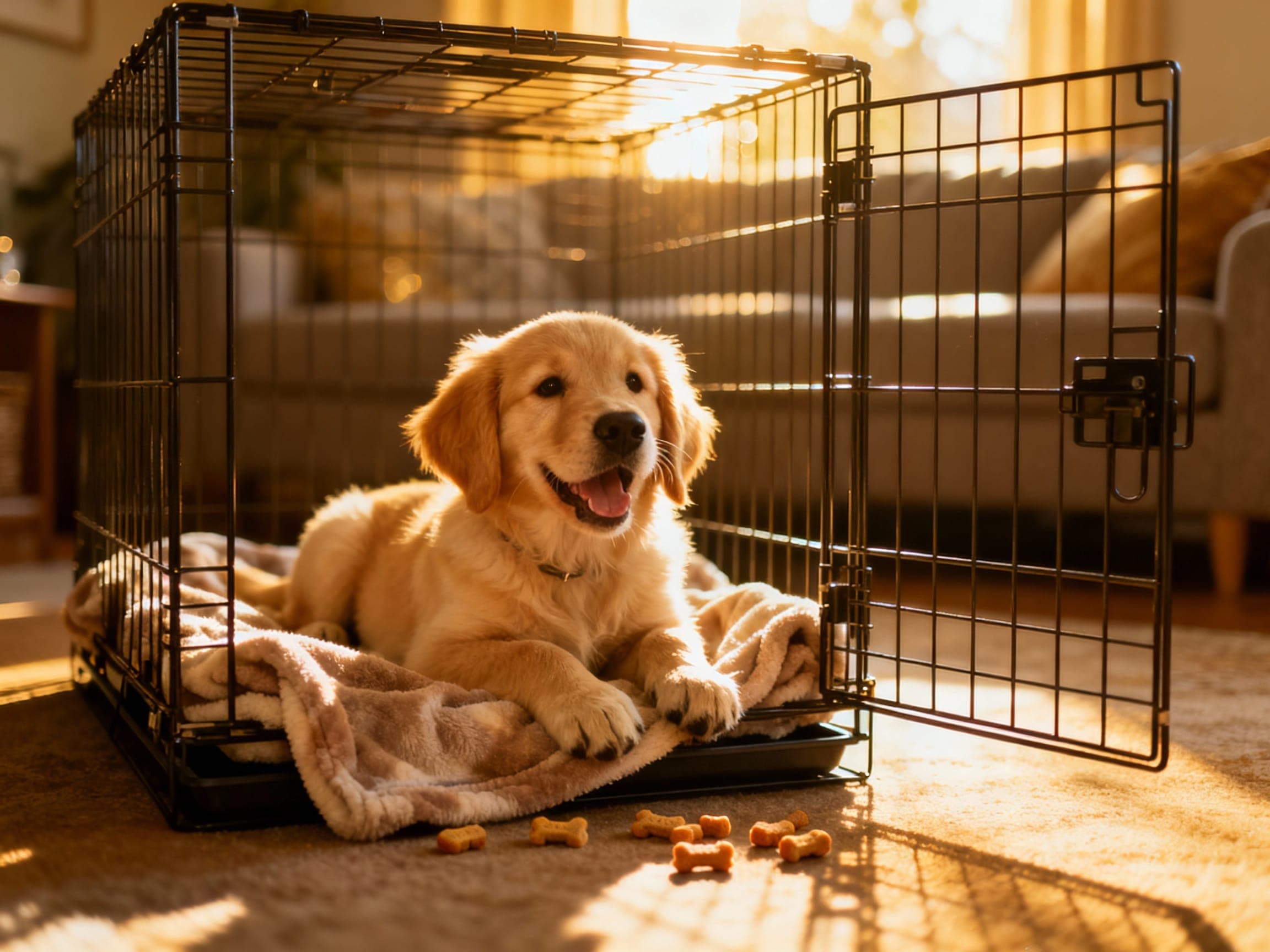 A beautiful, focused shot of a happy Golden Retriever puppy peeking out from inside a wire crate with a soft blanket.