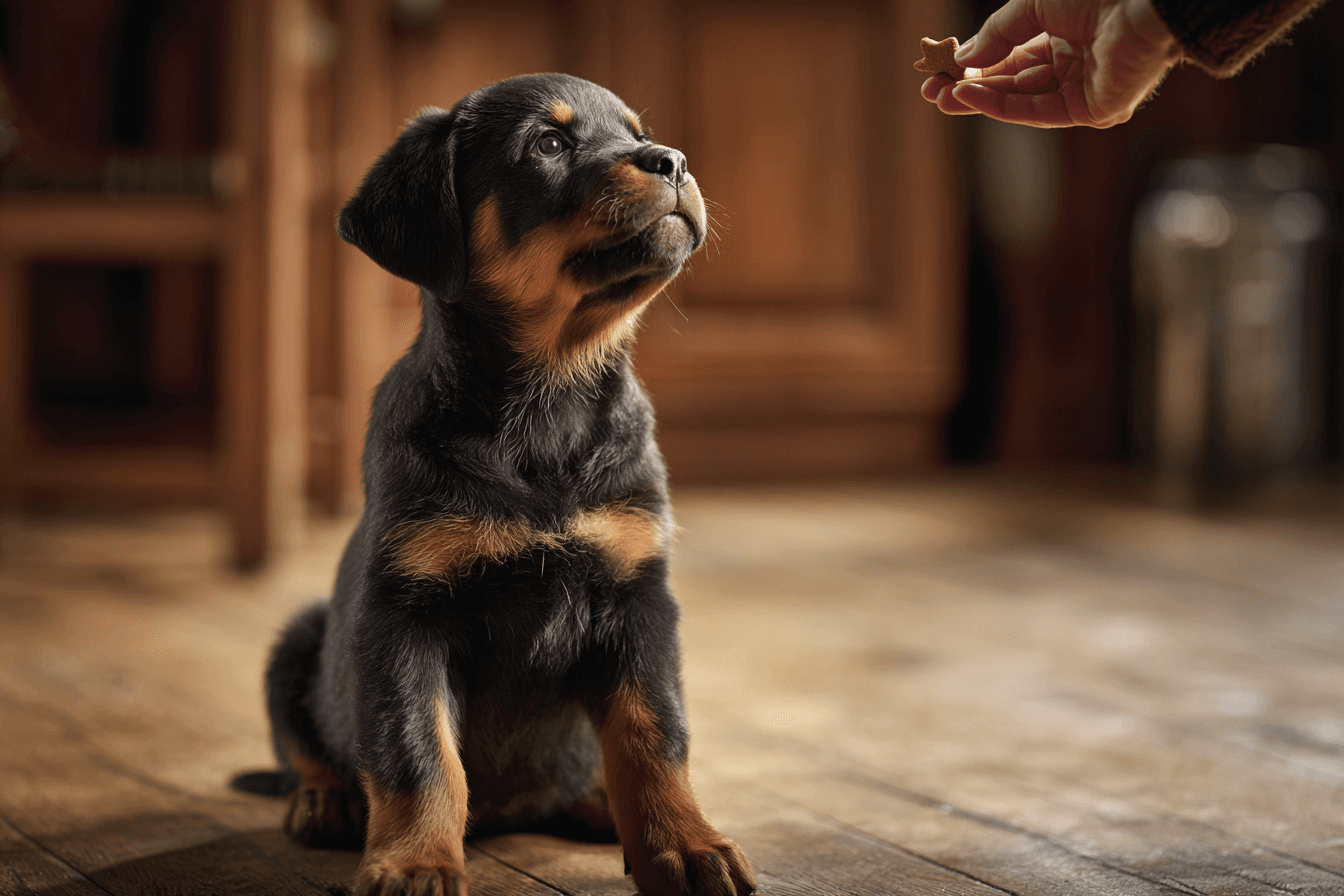 A happy, focused rottweiler puppy successfully sitting on a hardwood floor, looking up at its owner who is holding a treat. The scene is well-lit and in a cozy home environment.