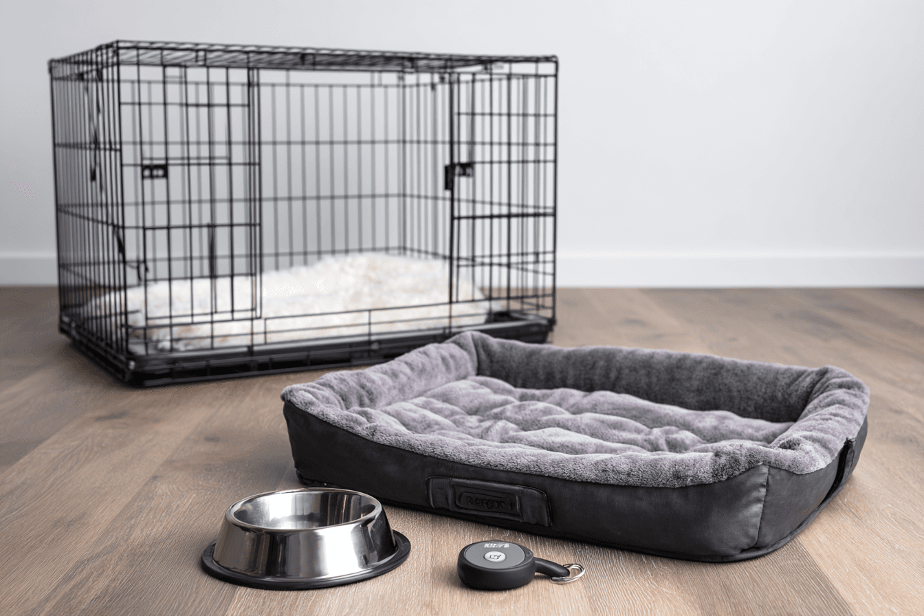 A clean, well-composed photo of all the tools for clicker crate training arranged together. A wire crate is in the background with a soft bed inside. In the foreground, a clicker and a bowl of high-value training treats are prominently displayed.