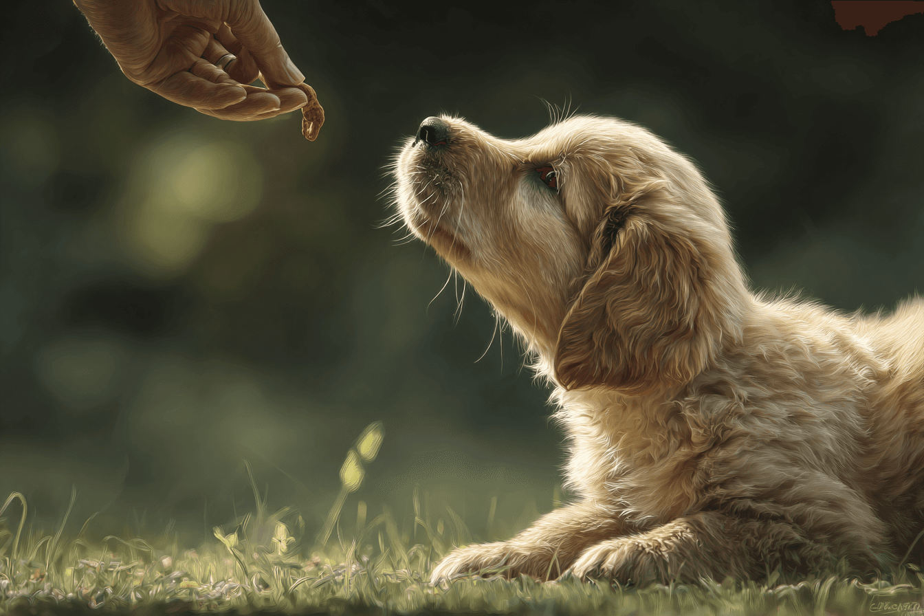 photorealistic image of a person's hand using a small treat to lure a happy, focused Golden Retriever puppy into a sitting position.
