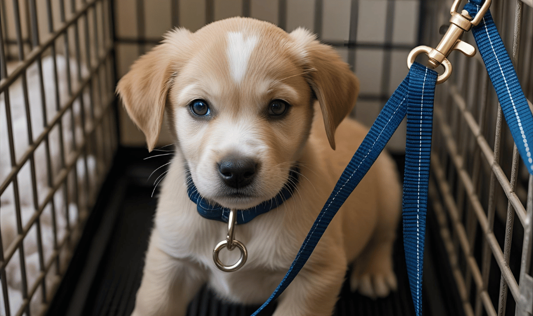 Puppy in crate with leash