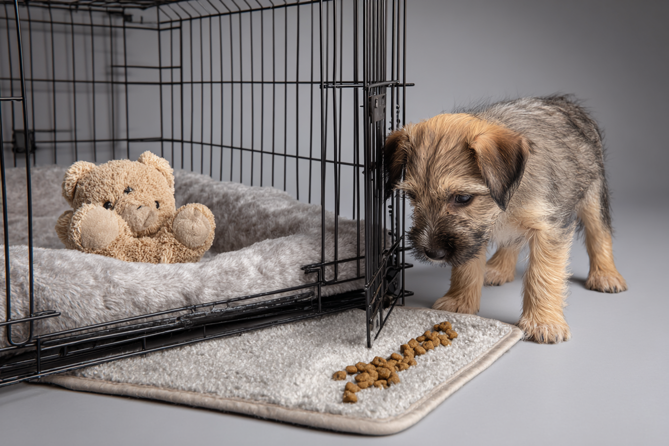 A candid shot of a small Terrier mix puppy cautiously sniffing at the entrance of a covered wire crate. A trail of kibble leads from the floor into the crate, and a well-loved plush toy sits just inside the doorway.