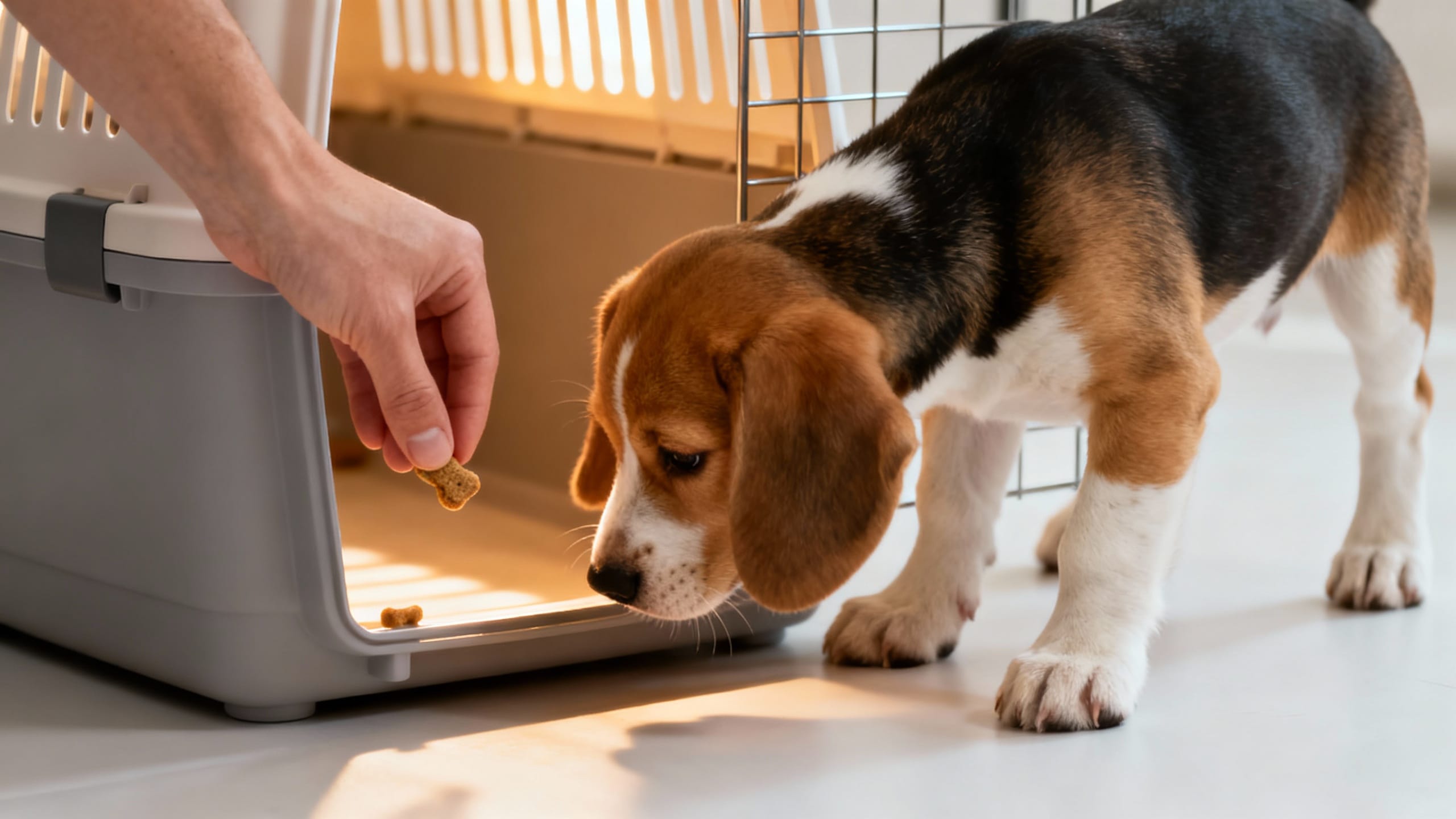 A close-up, high-angle photo of a person's hand gently tossing a small, high-value treat just inside the entrance of a plastic travel crate. A curious Beagle puppy is shown with its head and front paws inside, eagerly following the treat.