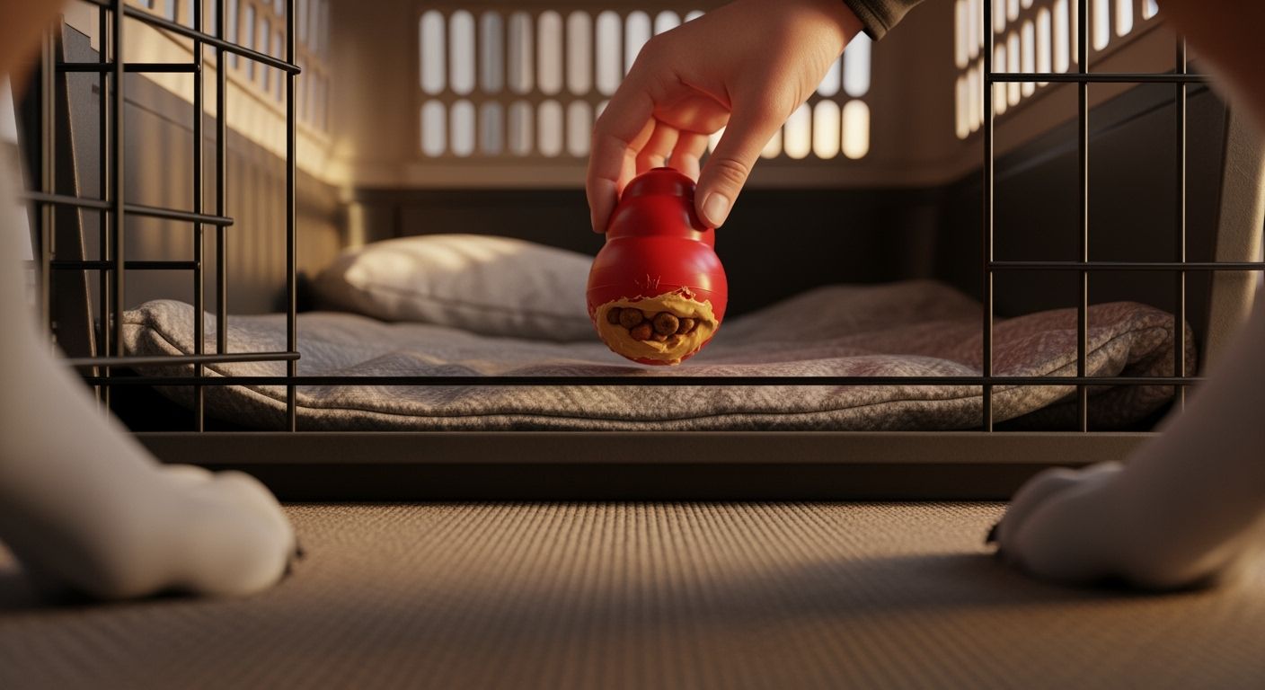 A close-up photo from a puppy's point-of-view, looking into a crate