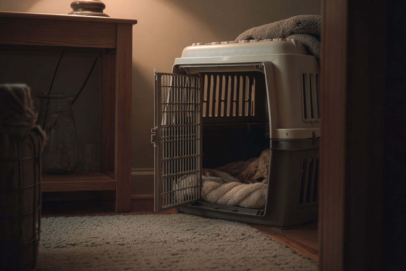 A cozy, dimly lit corner of a home office. A plastic, den-like crate is nestled under a desk, with a soft blanket spilling out of the entrance. The scene feels secure, quiet, and inviting.