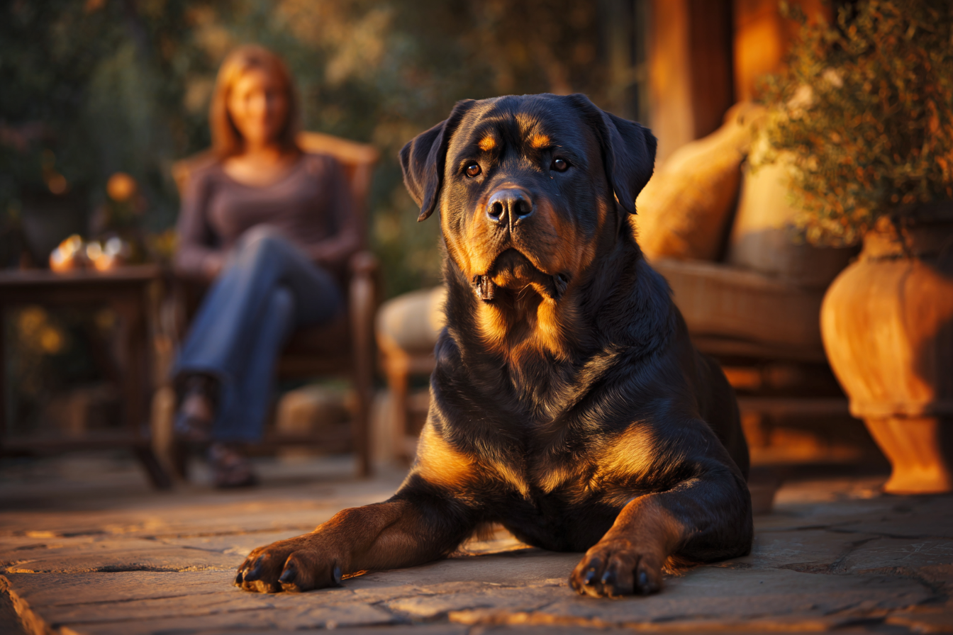 A heartwarming final shot of a mature, well-behaved dog sitting calmly by its owner's side on a patio