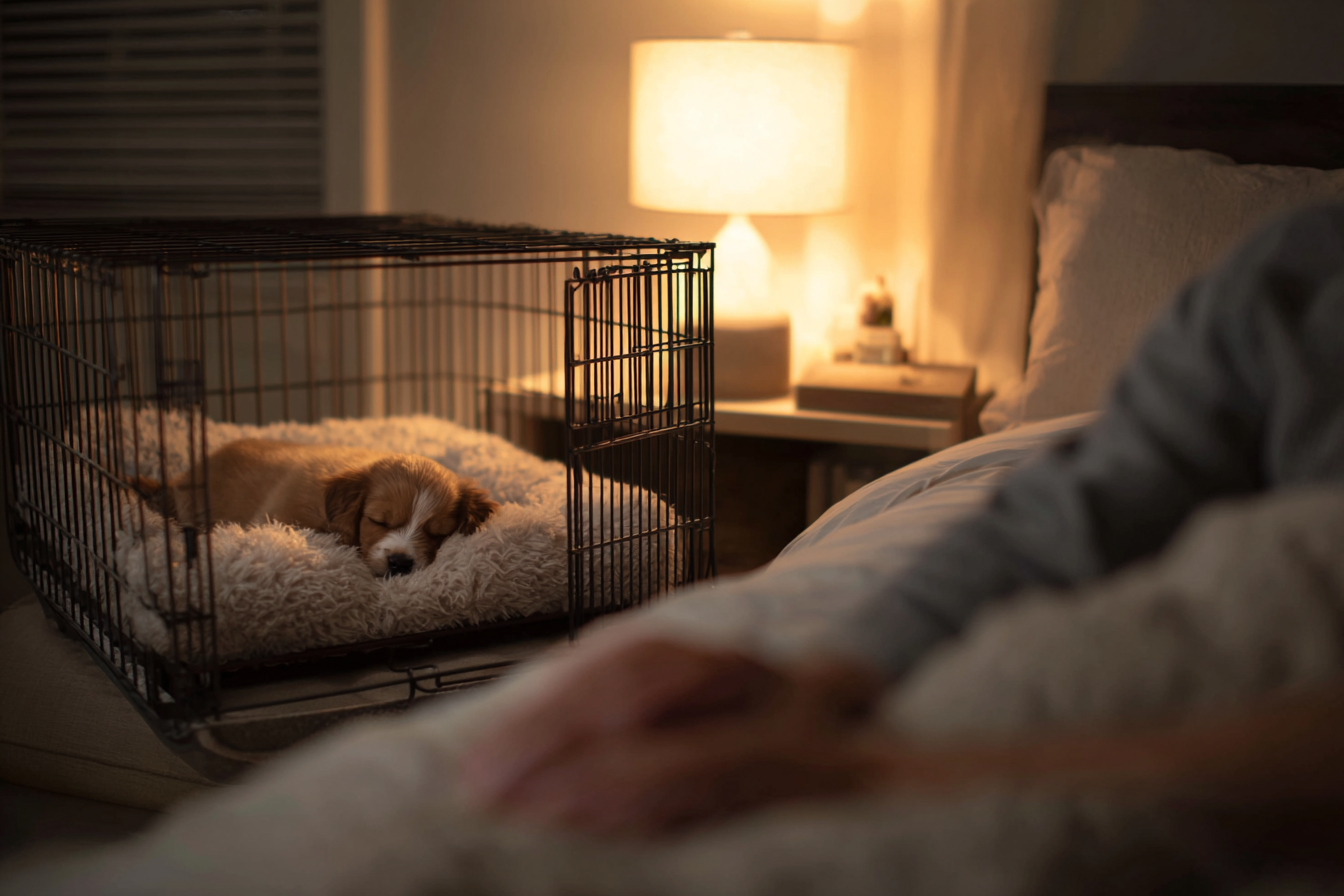 A low-angle, peaceful shot of a crate placed bedside at night. A puppy is asleep inside on a soft bed, with the owner's hand dangling comfortingly down next to the crate in the for