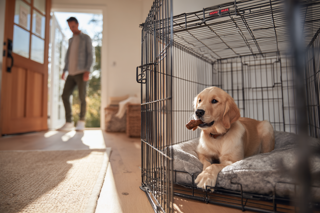 A medium shot of a home's entryway. An owner has their hand on the front door handle, ready to leave. In the foreground, a puppy is visible inside its crate, contentedly chewing on