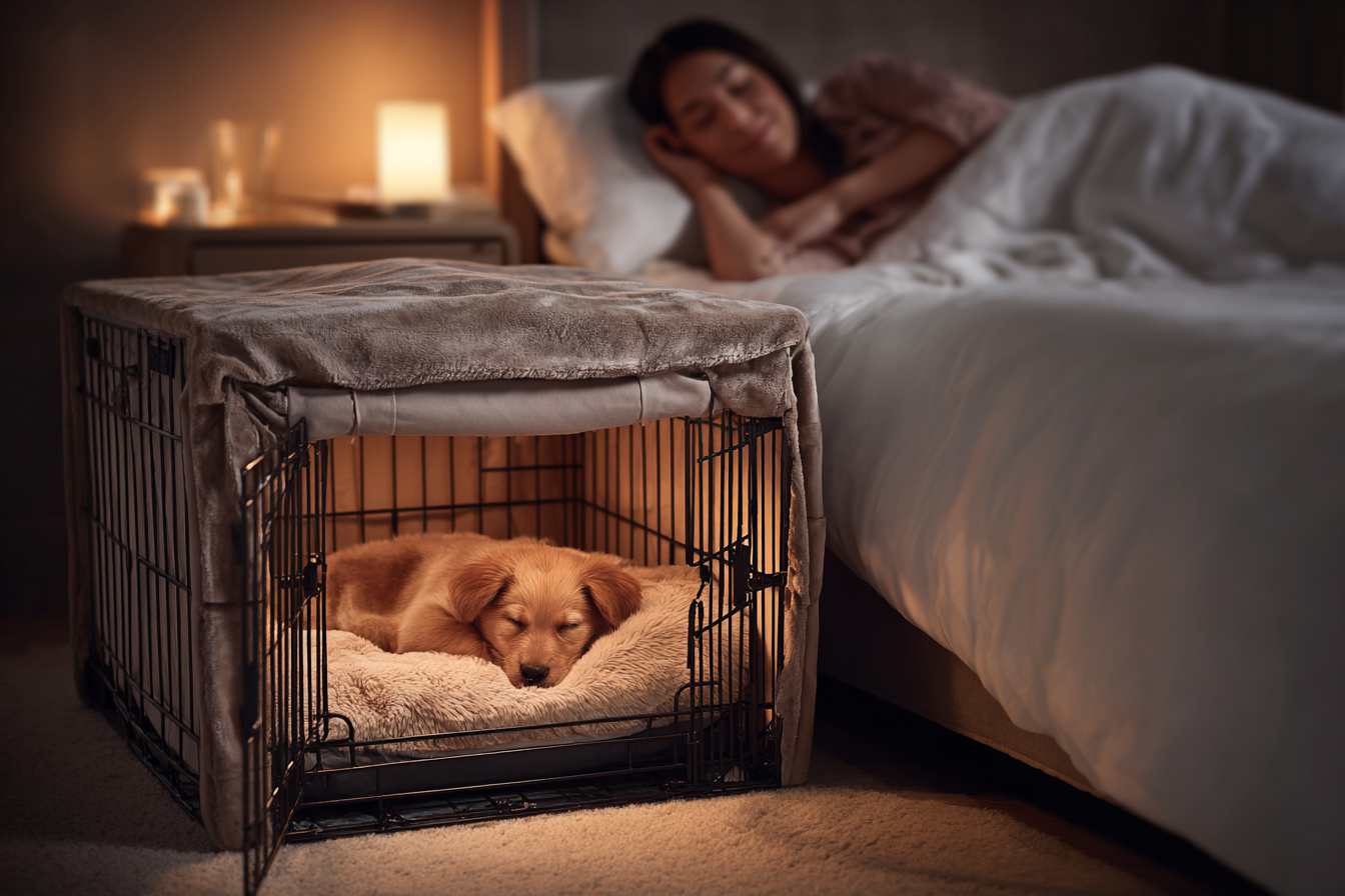 A peaceful evening scene. A crate is covered and placed bedside.