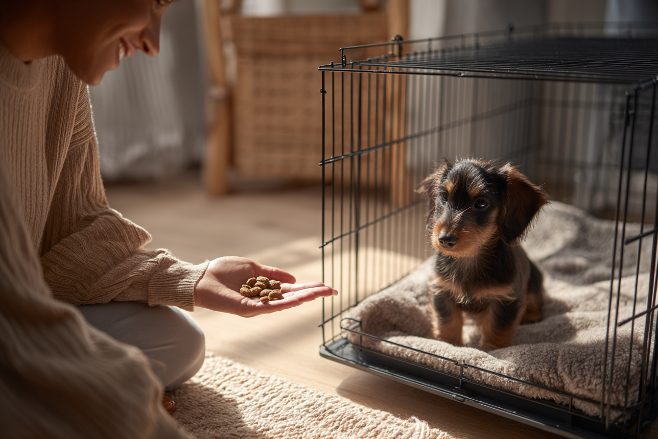 A person kneeling down, offering an open palm with treats to a hesitant small breed puppy (like a Dachshund) sitting just outside the crate, encouraging it to enter willingly