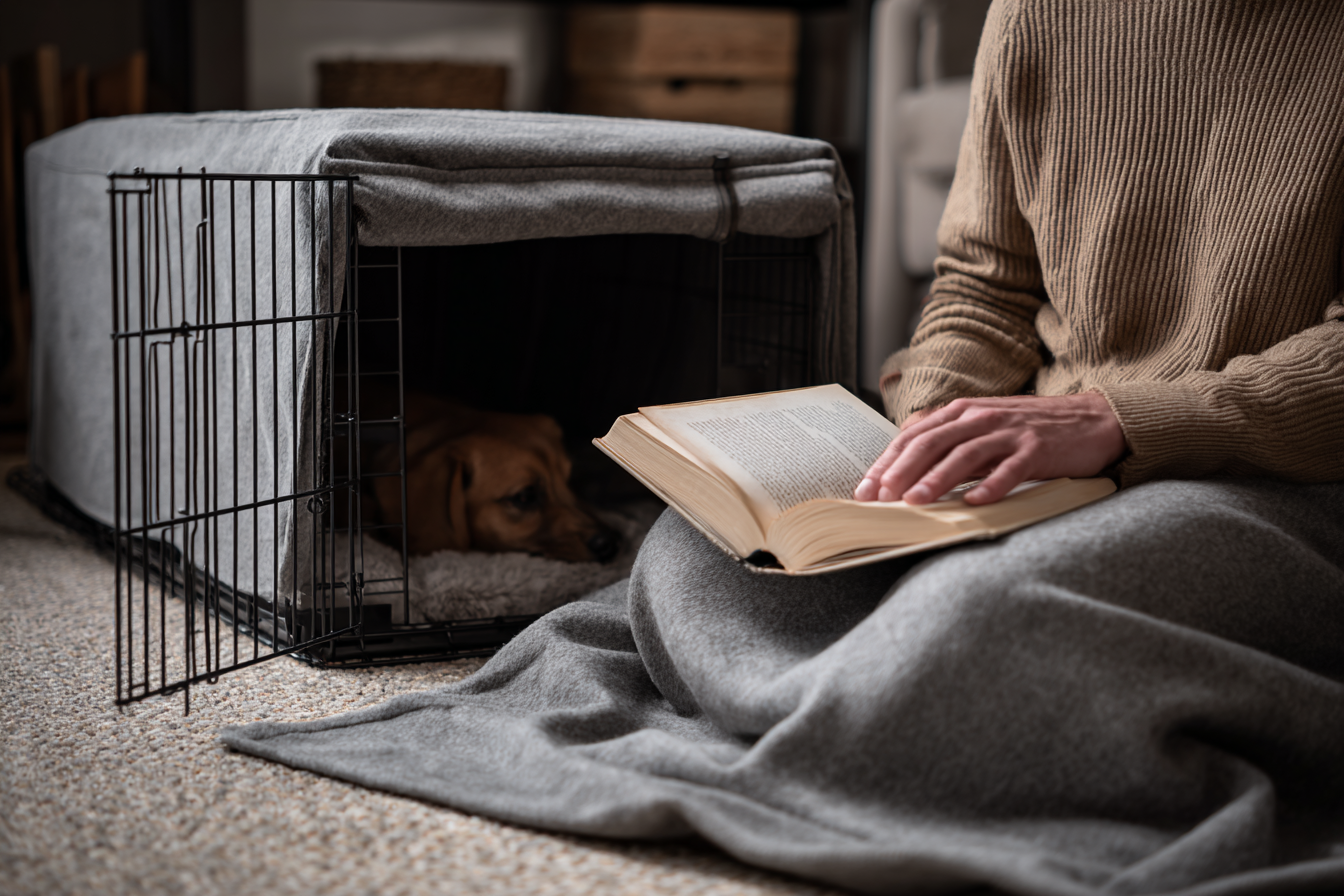 A person sitting calmly on the floor next to a covered crate, reading a book.