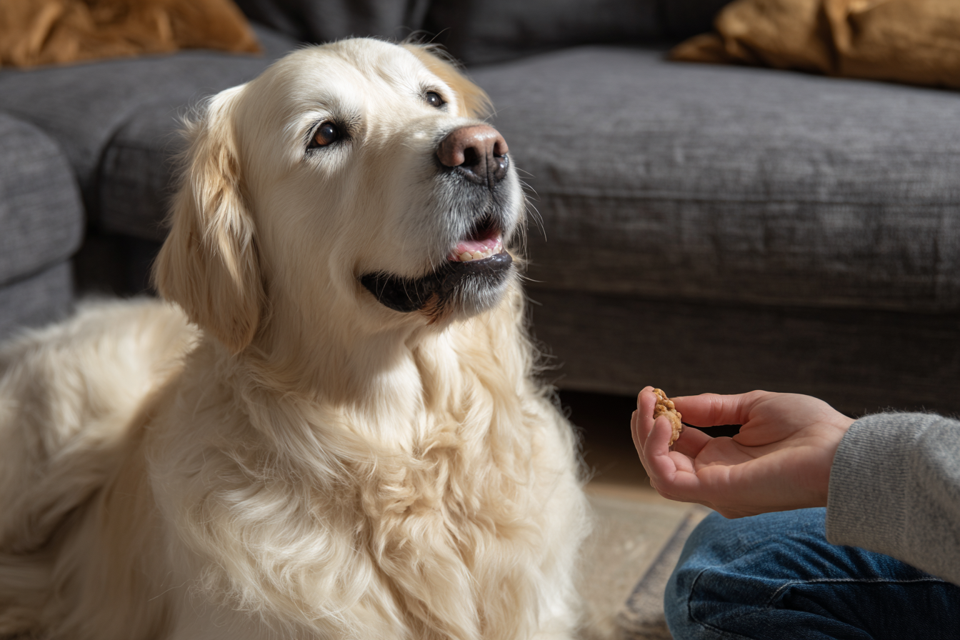 A person sitting on a couch, observing a Golden Retriever who has just spontaneously sat down. The person's face lights up, and their hand is moving towards a treat pouch to capture the behavior.