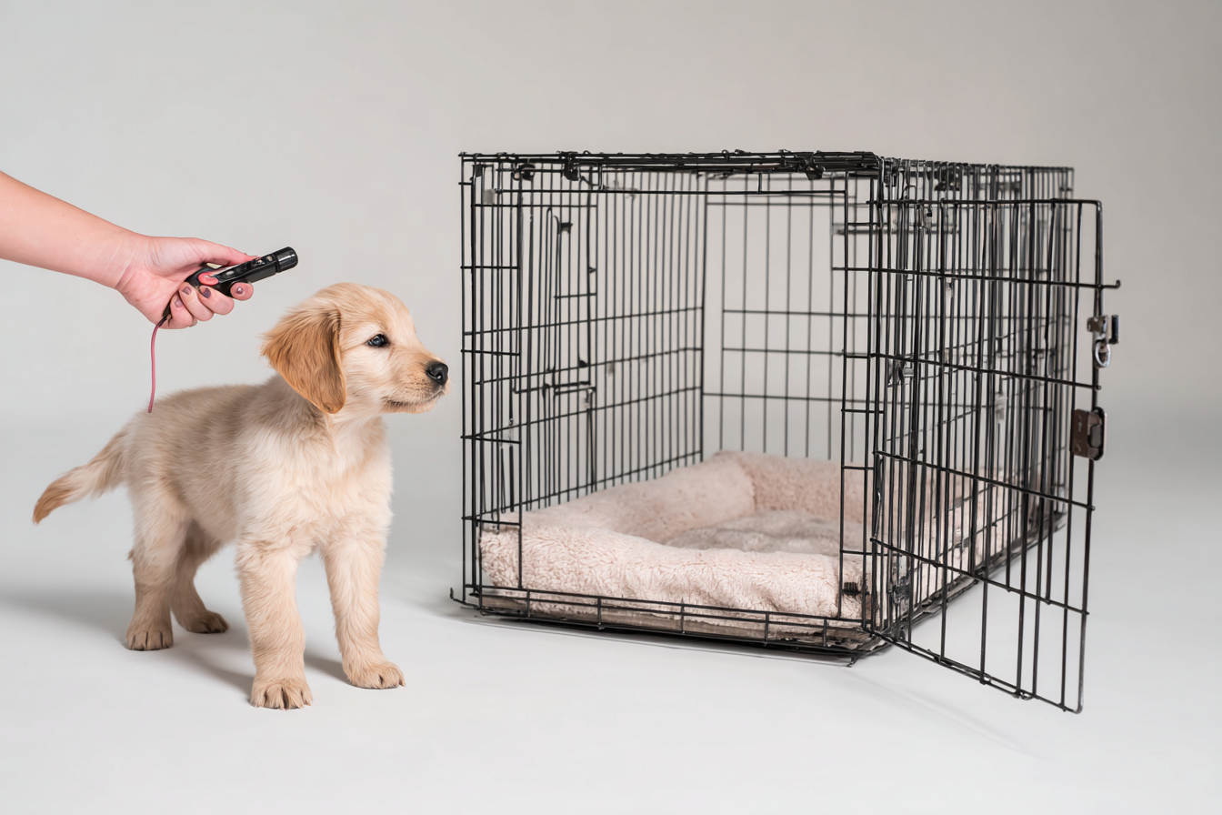 A puppy in the middle of an action—one paw lifted, about to step into the open crate. A clicker is visible in the owner's hand, poised to click the moment the paw lands inside.