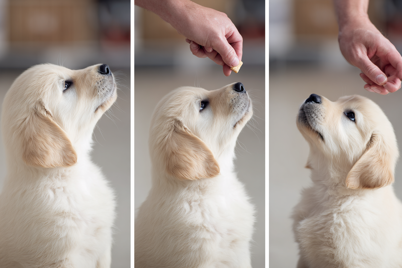 A sequence of three photos showing the luring technique: 1) A hand holding a treat in front of a dog's nose. 2) The hand moving up and back over the dog's head. 3) The dog is completing the sit, with the treat being given.