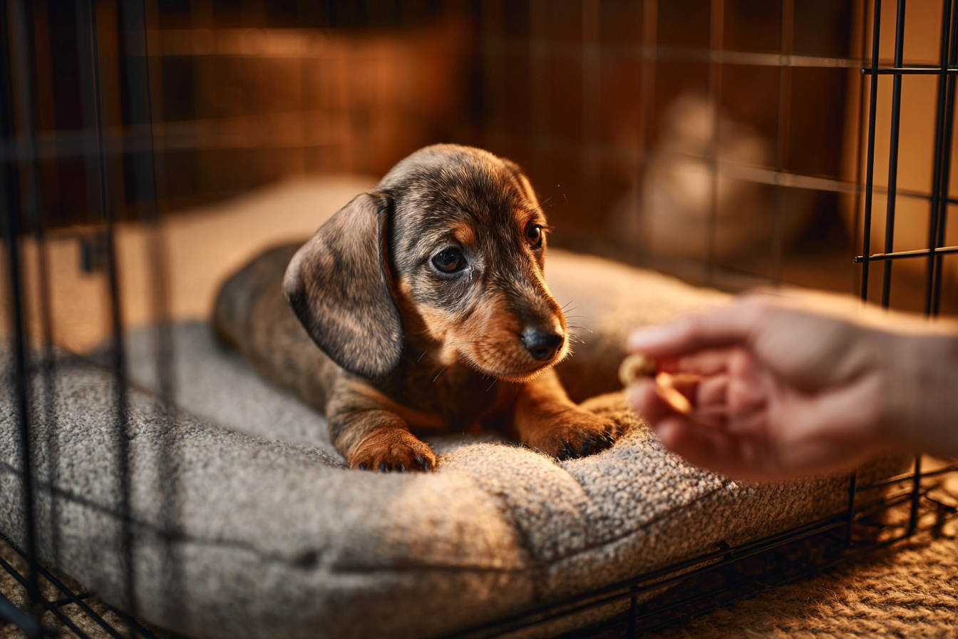 A side-view photo of a Dachshund puppy lying down calmly inside a wire crate. A person's hand is reaching through the bars to offer a treat immediately after the sound of a clicker, which is heard just out of frame.