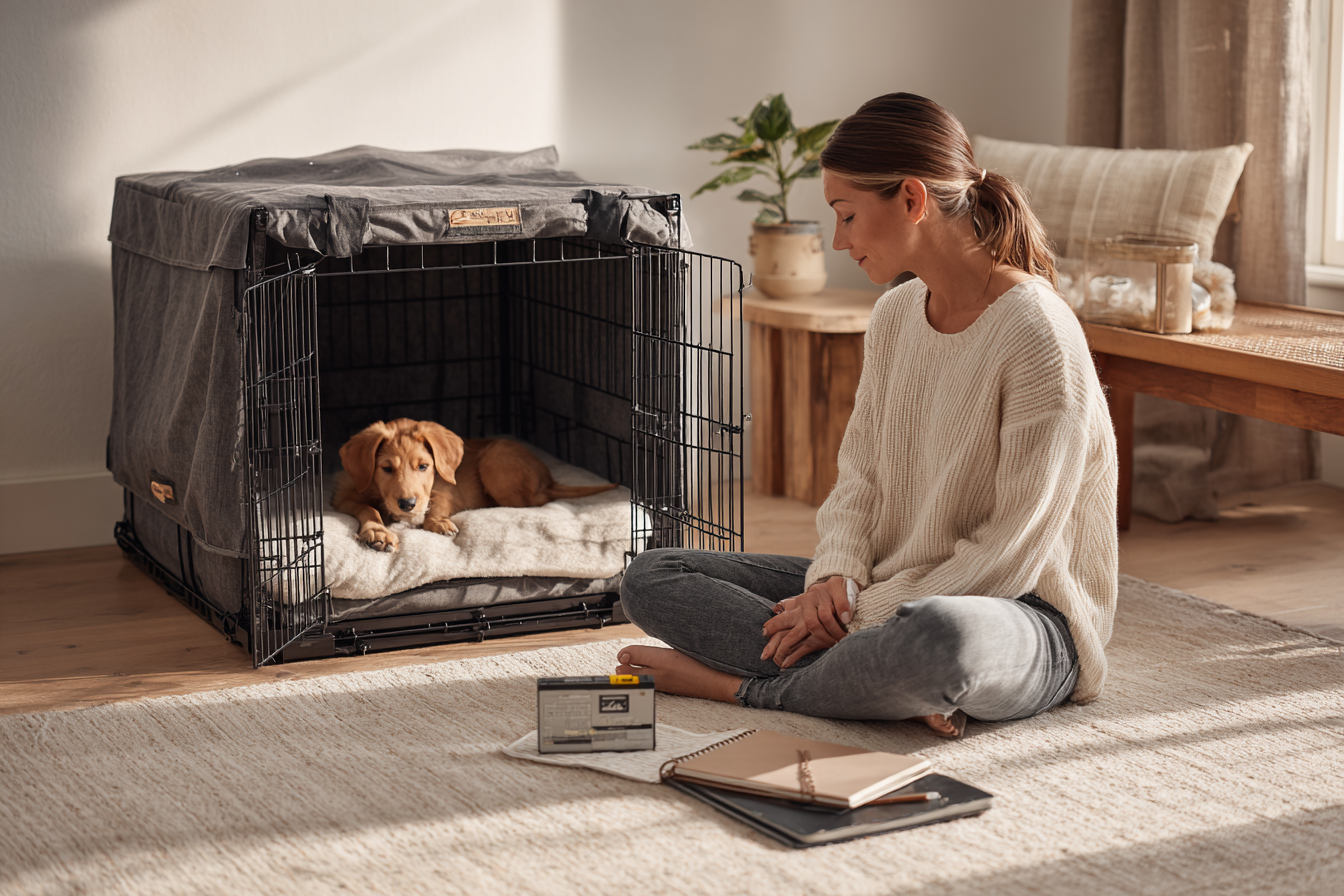 A well-lit, tidy living room corner with a wire crate set up. The crate contains a soft, light-colored blanket and a small, safe chew toy. A crate divider is visible, correctly sizing the space for a small puppy.