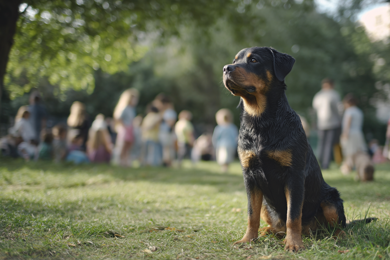 The same dog from the title image, now sitting reliably in a busy park environment with people and other dogs in the blurred background, demonstrating a proofed "sit" command.