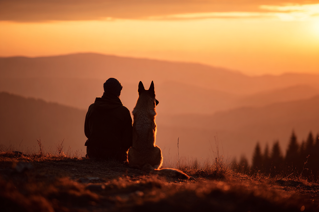 A beautiful, sunset-lit photo of a person and their mature dog (like a German Shepherd) sitting together on a hill, looking out at a scenic view. The dog is sitting calmly and closely next to its owner, portraying the ultimate bond and trust achieved through consistent, positive obedient dog training.