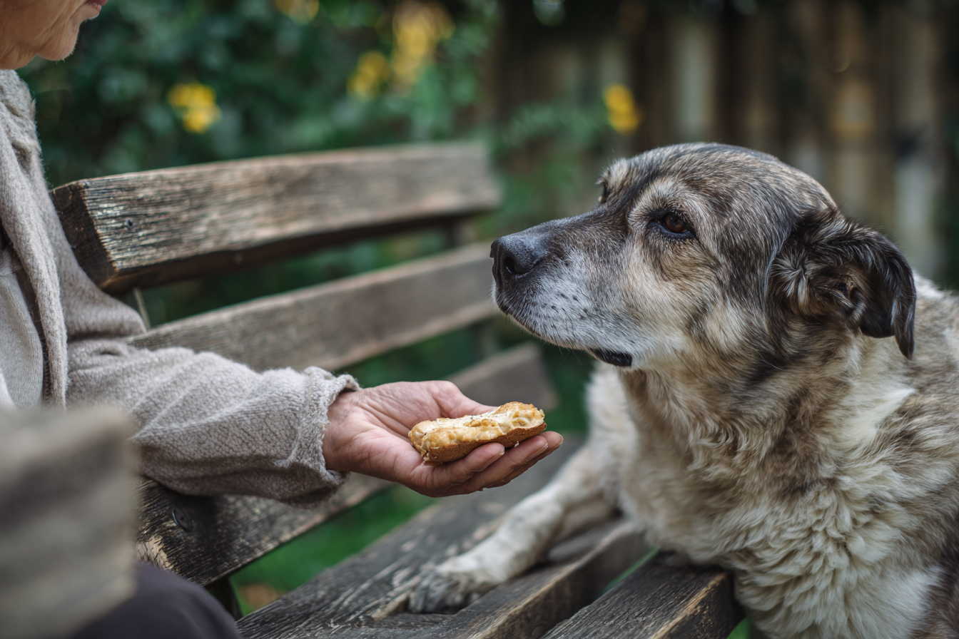 A calm, gentle scene in a quiet backyard. An owner is sitting on a bench with a relaxed, senior mixed-breed dog. The owner is offering a piece of hot dog from their open palm, building trust and positive association.