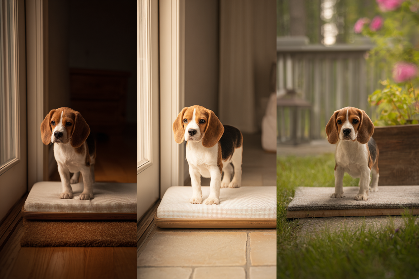 A sequence of three images in one frame. Image 1: A potty pad placed inside a front door. Image 2: The same pad is now placed directly on a balcony or patio just outside the door. Image 3: The pad is placed on a grassy patch in a backyard, illustrating the gradual transition process.