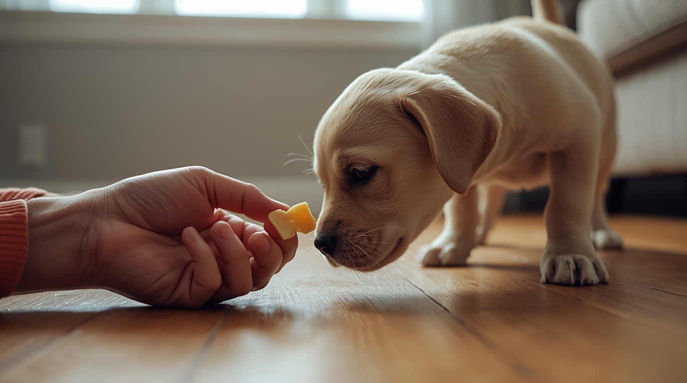 A close-up shot of a person's hands practicing 'leave it'. One closed fist holds a treat, while a curious Labrador puppy sniffs it but is starting to pull its head back. The person's other hand is visible, holding a higher-value piece of cheese ready to reward the disengagement.