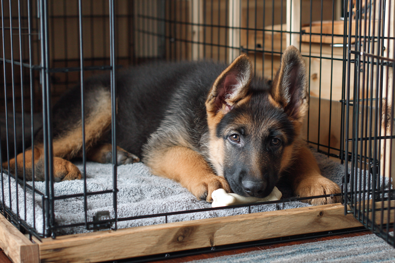 A close up shot of a properly sized crate for a growing German Shepherd puppy. A divider panel is clearly visible, making the space cozy. The puppy is lying down, contentedly chewing on a Nylabone, with plenty of room to stretch but no excess space.
