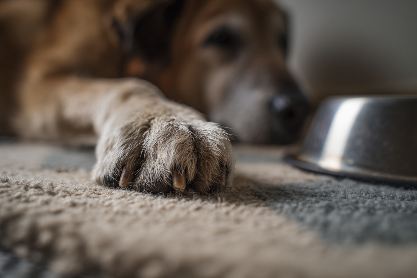 A close-up shot of an elderly dog's paw resting on a non-slip mat or carpet, with a water bowl slightly out of focus in the foreground. The image should convey weakness and the inability to reach a basic necessity.