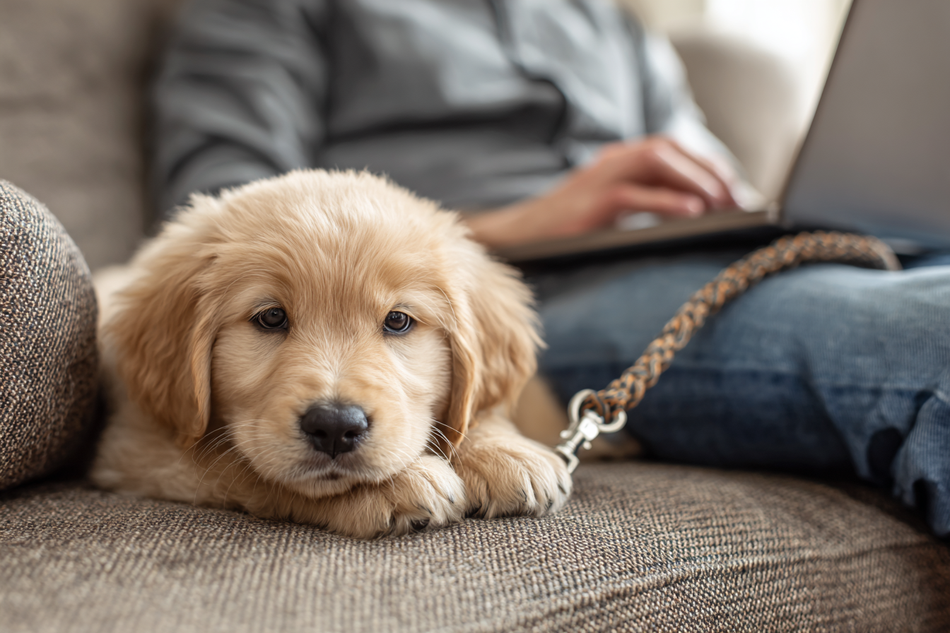 A cute, fluffy Golden Retriever puppy is tethered by a short leash to the belt loop of a person wearing jeans.