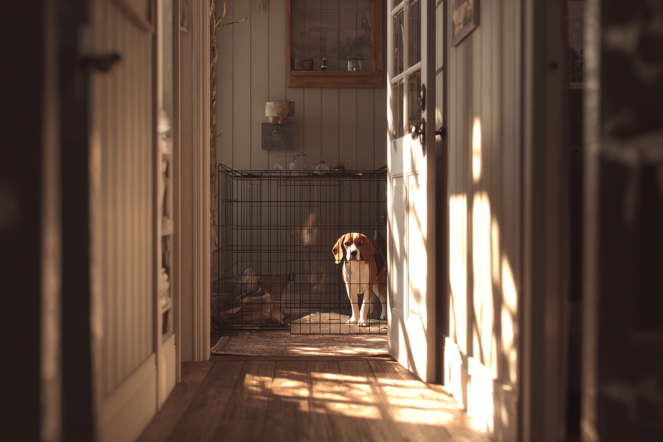 A dog walker is unlocking the front door at midday. Sunlight streams into the hallway
