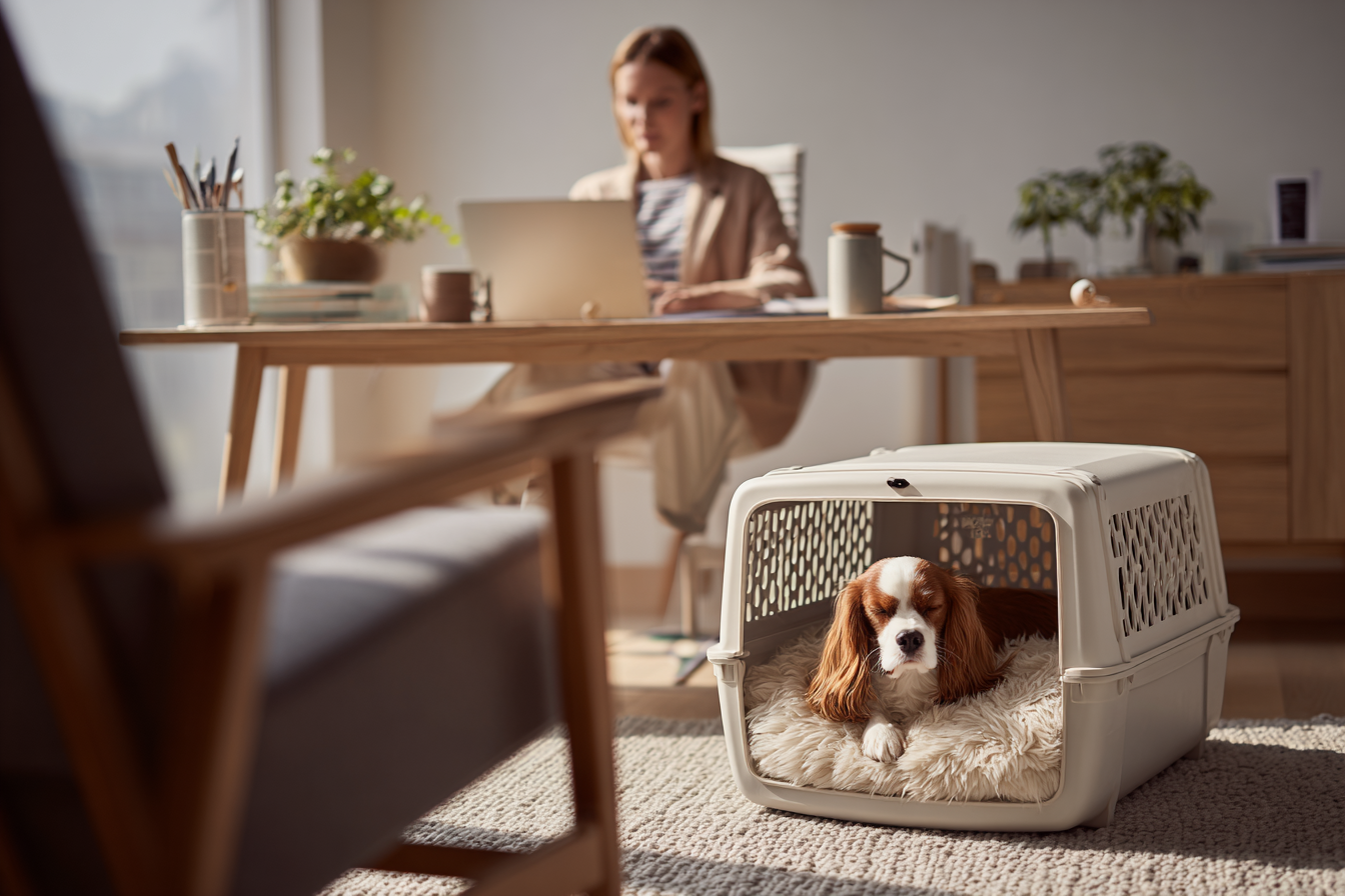 A home office setting. A person is working at a desk with a laptop. In the corner of the room, a stylish plastic travel crate is visible, with a calm Cavalier King Charles Spaniel inside sleeping on a fluffy bed.
