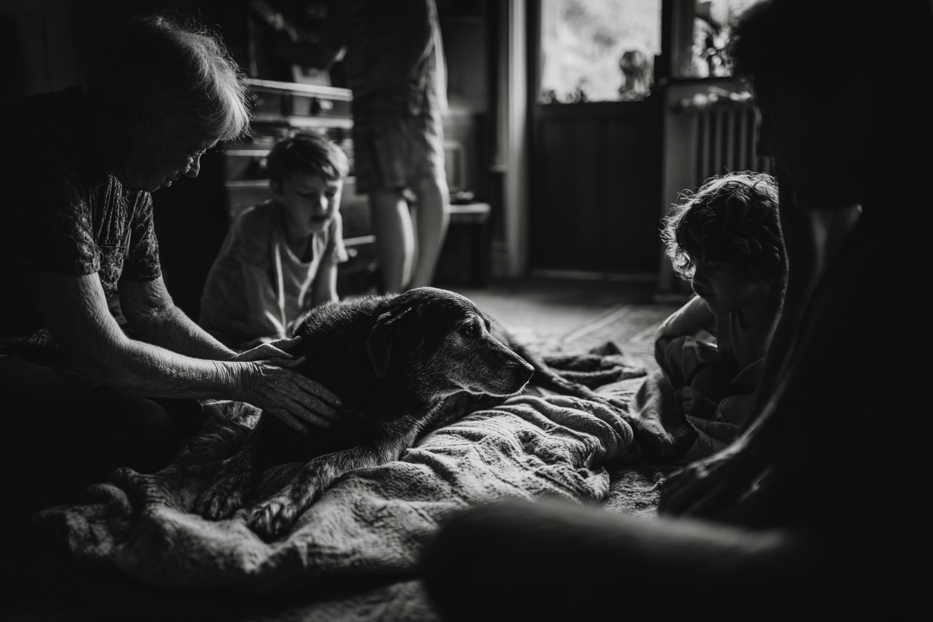 A peaceful, intimate scene of a family sitting on the floor surrounding their elderly dog on its bed. One person is gently stroking its back, and the atmosphere is one of quiet love and shared comfort.