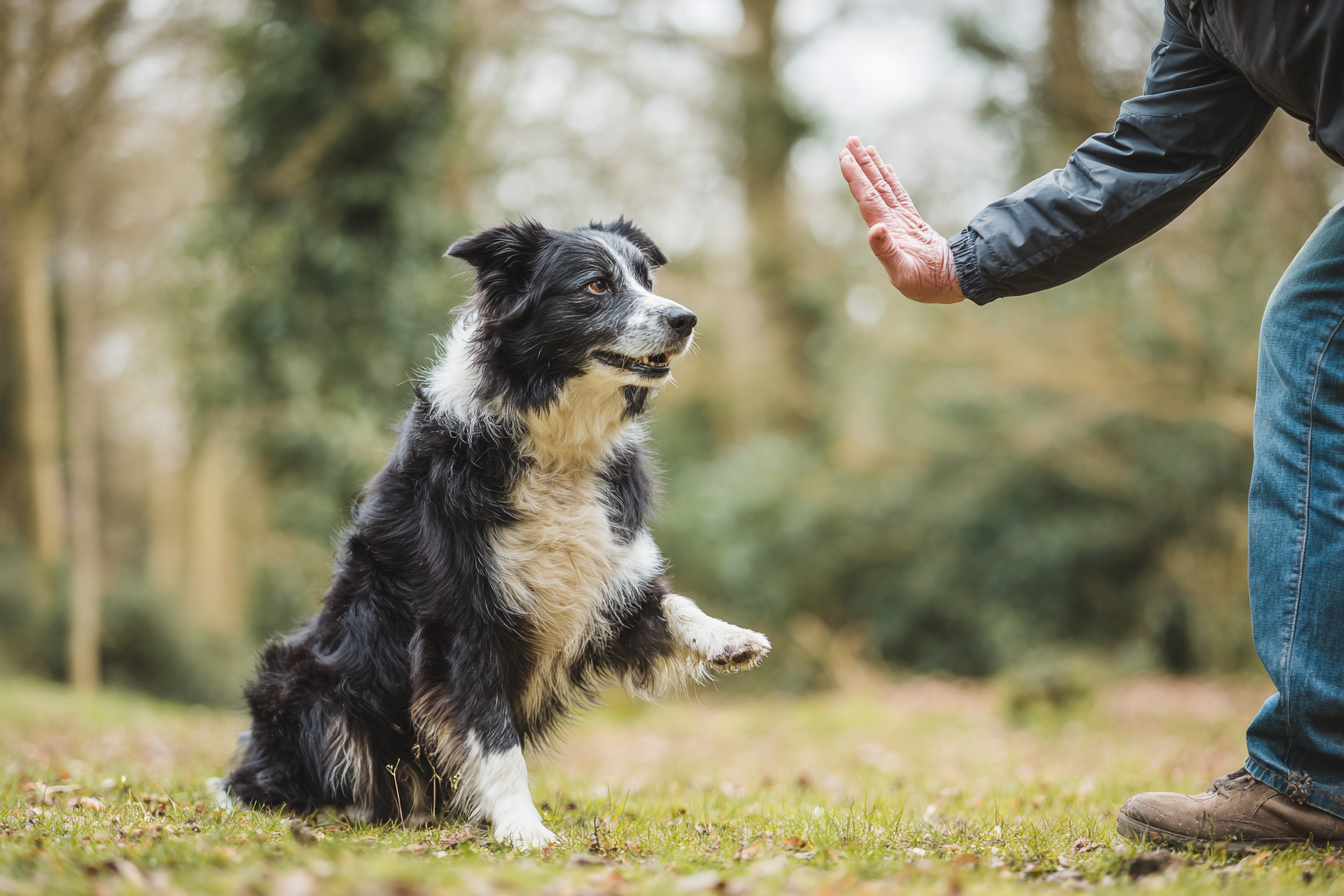 A person successfully training their adult Border Collie to 'stay'. The dog is in a solid 'stay' position on a mat in a park, with mild distractions in the background. The owner is taking a few steps back, holding up a hand in the 'stay' signal, ready to reward.