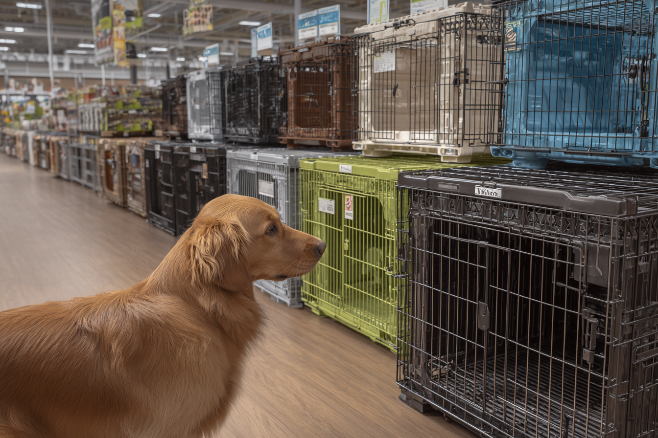 A photorealistic image showing a variety of dog crates side by side in a pet store aisle, including wire, plastic, and fabric