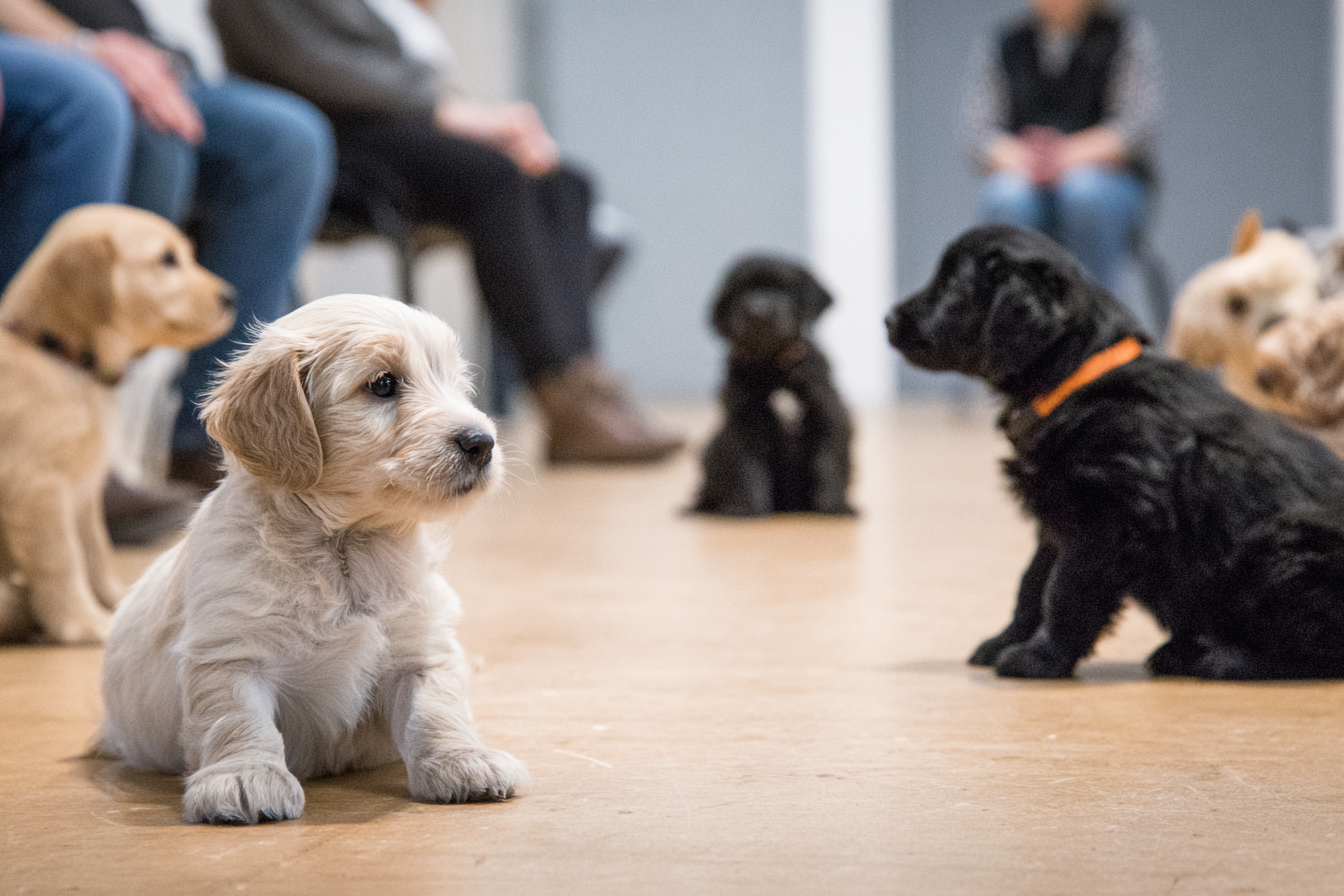 A puppy socialization class in a clean, indoor training hall. Several different breeds of puppies are playing gently together under the watchful eye of their owners and a trainer. The atmosphere is happy and controlled.