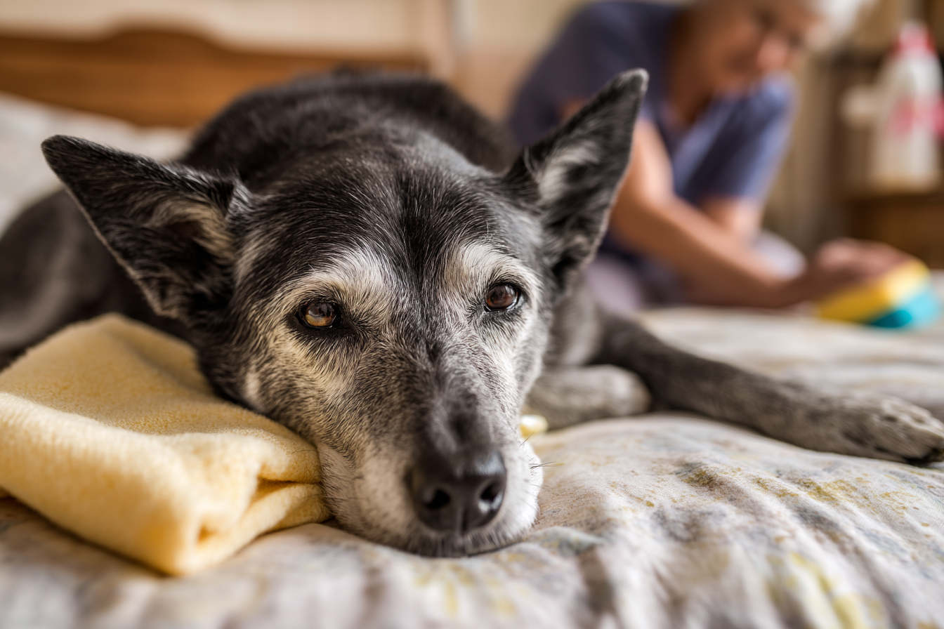 A quiet, somber scene of a senior dog lying on a soft, washable incontinence pad in their bed, with a concerned owner in the background gently cleaning up with a sponge. The focus is on care and dignity