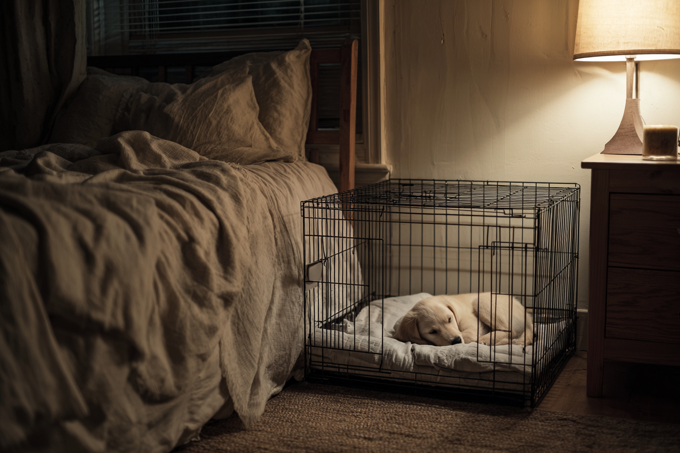 A serene bedroom at night. A wire crate is placed on a sturdy stand right next to a human bed, with a light blanket draped over the top and sides. Inside the crate, a sleeping Labrador Retriever puppy is curled up on a soft bed. The scene is lit by soft, ambient light from a bedside lamp.