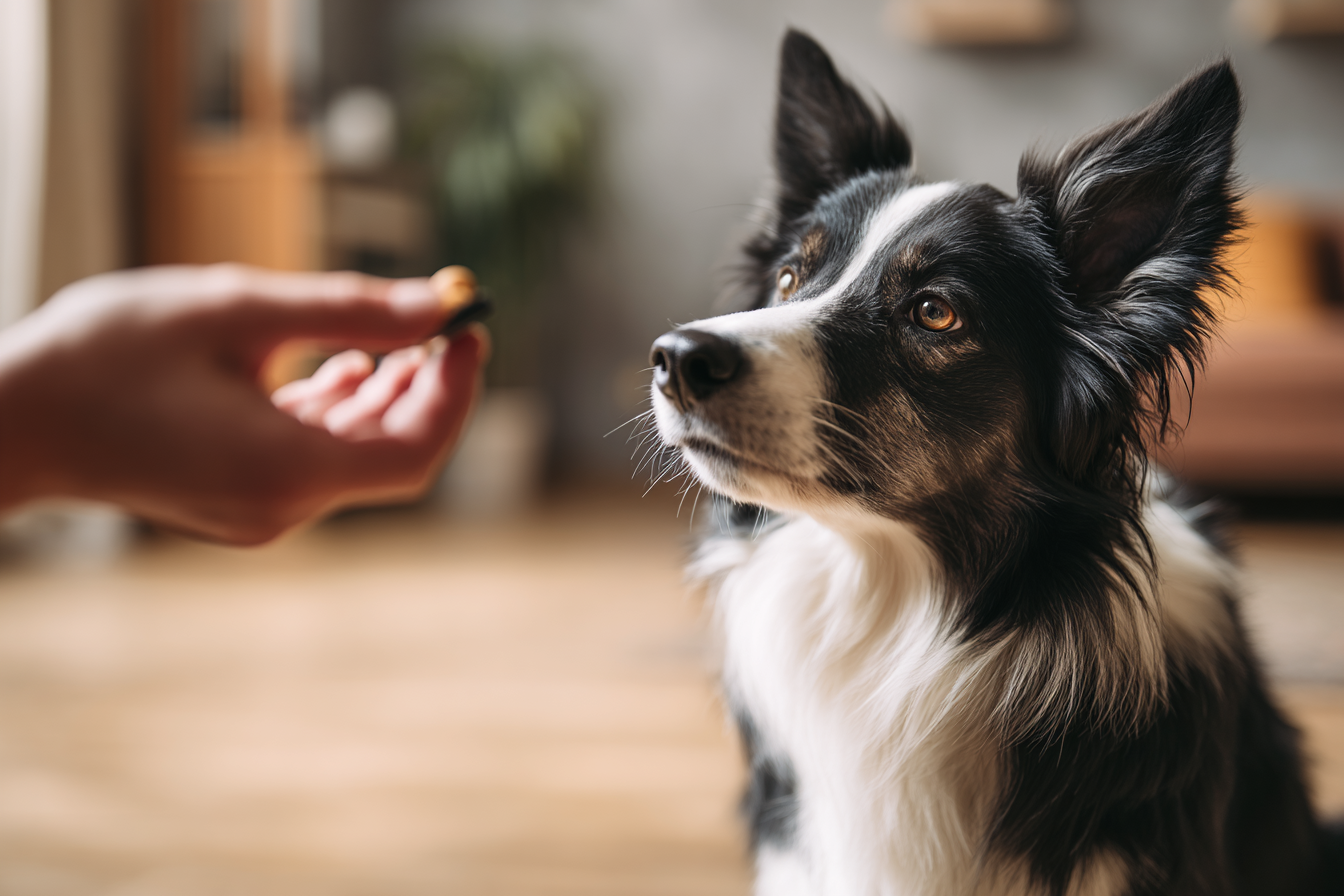 Dog eagerly awaiting a treat.