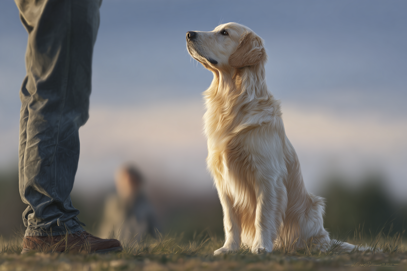Golden retriever sitting by person