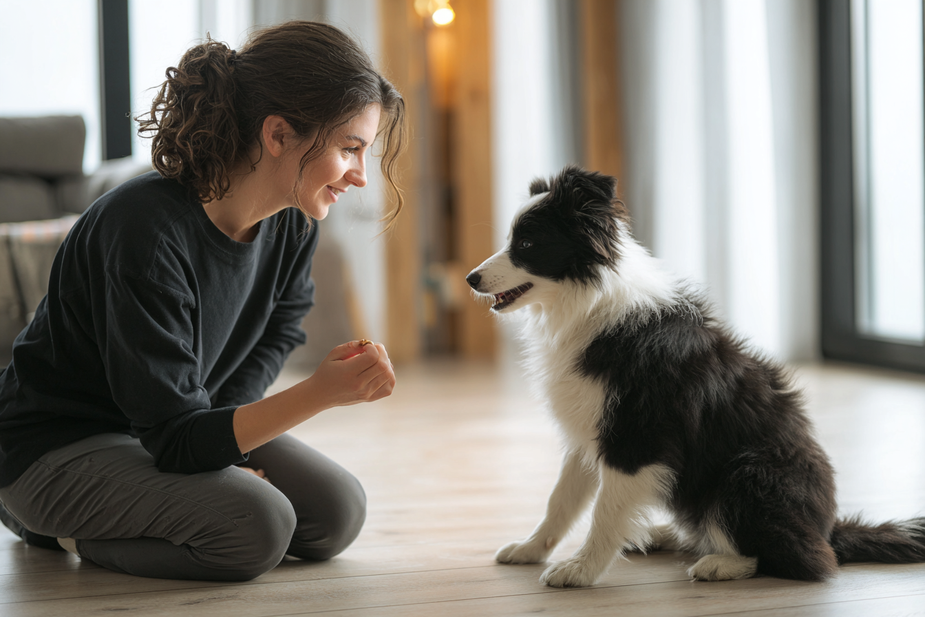 Person training a dog indoors.