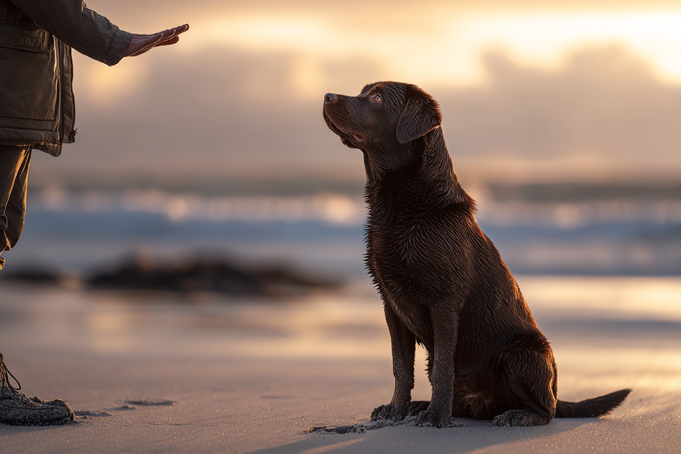 Dog sitting on beach, person gesturing