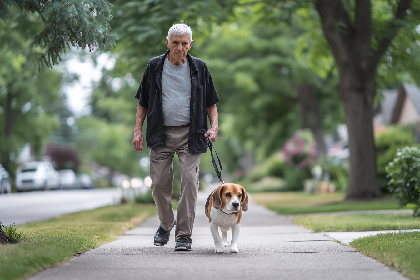 Man walking dog on sidewalk.