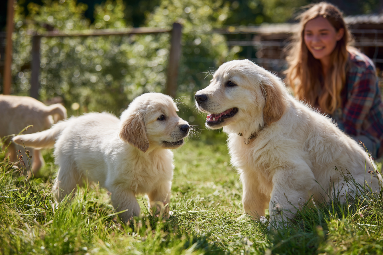 Two golden retriever puppies playing.